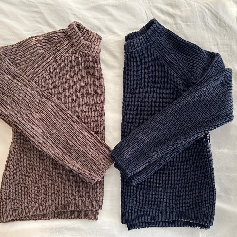Quince 100% Organic Cotton Fisherman Crew Sweater Navy & Heather Brown Set of 2